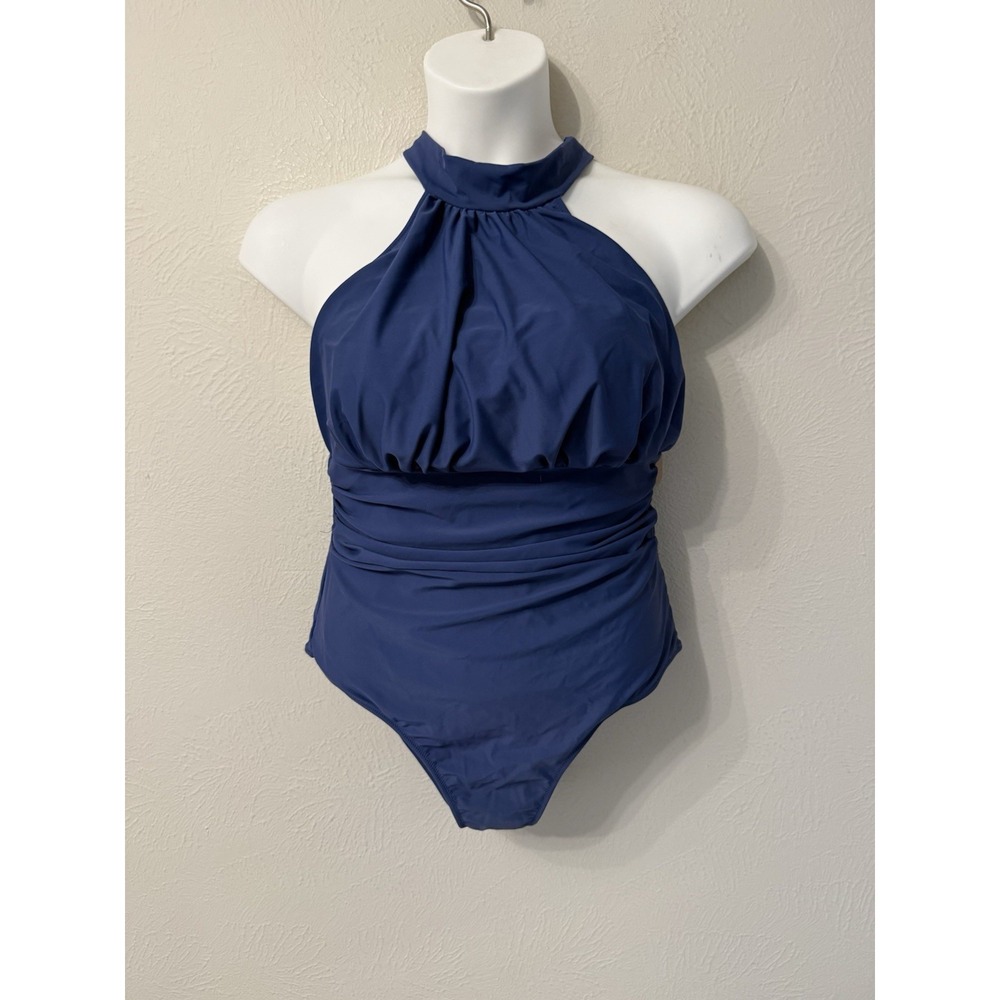 NWT Cupshe Ruched One Piece Swimsuit size 0X (14) Halter padded cups blue Swim